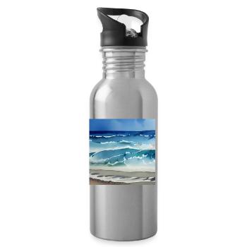 Ocean watercolor art - Water bottle with straw - silver - Right