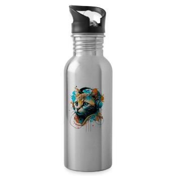 Katze hört Musik - Trinkflasche mit integriertem Trinkhalm - Lightsilver - Rechts
