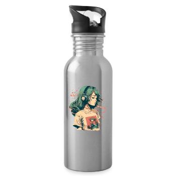 Study Girl hört Musik - Trinkflasche mit integriertem Trinkhalm - Lightsilver - Rechts