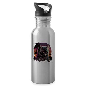 Synthwave Cat - Water bottle with straw - silver - Right