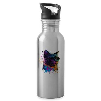 Bunte Katze - Trinkflasche mit integriertem Trinkhalm - Lightsilver - Rechts