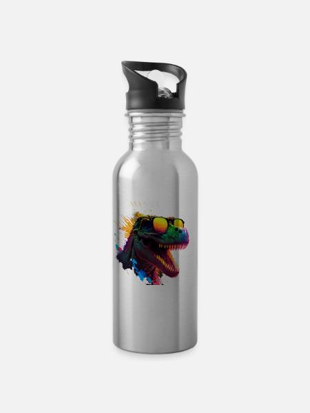cooler Dino mit Sonnenbrille im Schwarzlicht Stil - Trinkflasche mit integriertem Trinkhalm - Lightsilver