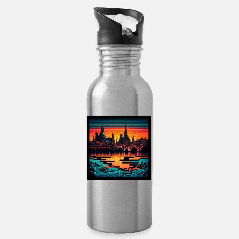 Skyline von Dresden im Abendlicht Vaporwave Optik - Trinkflasche mit integriertem Trinkhalm - Lightsilver