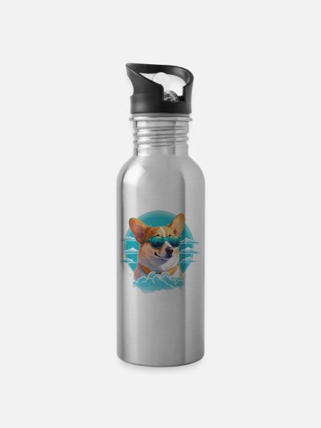 Corgi mit Sonnenbrille - Trinkflasche mit integriertem Trinkhalm - Lightsilver