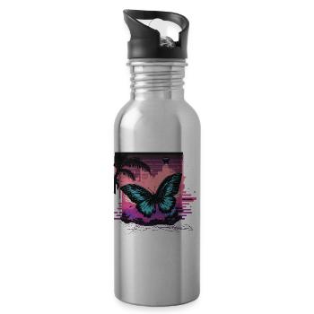 Flying Vaporwave Butterfly - Water bottle with straw - silver - Right