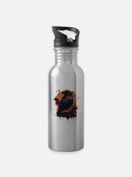 Silent Watcher Krähe - Trinkflasche mit integriertem Trinkhalm - Lightsilver