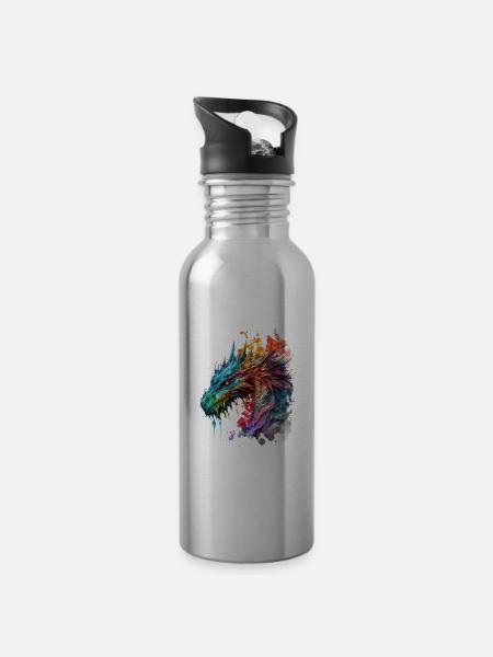 Watercolor Dragon - Water bottle with straw - silver