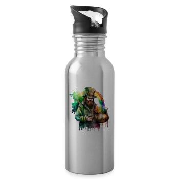 Leprechaun watercolors with hat and rainbow pot - Water bottle with straw - silver - Right