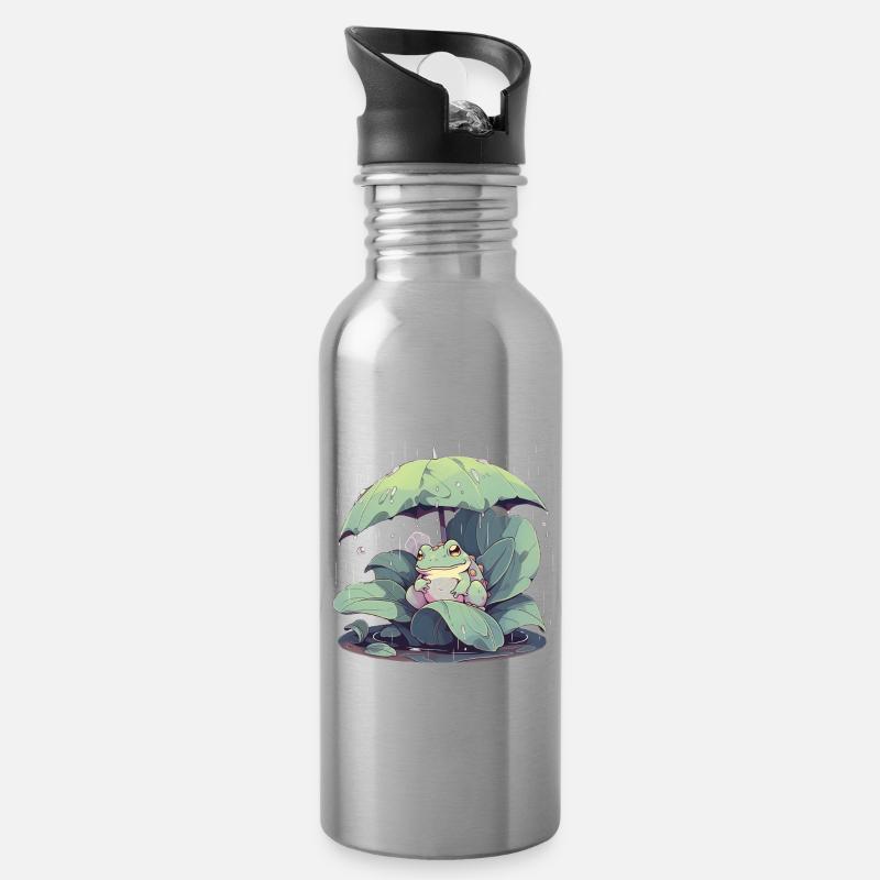 Frosch unter dem Schirm zwischen den Blättern - Trinkflasche mit integriertem Trinkhalm - Lightsilver
