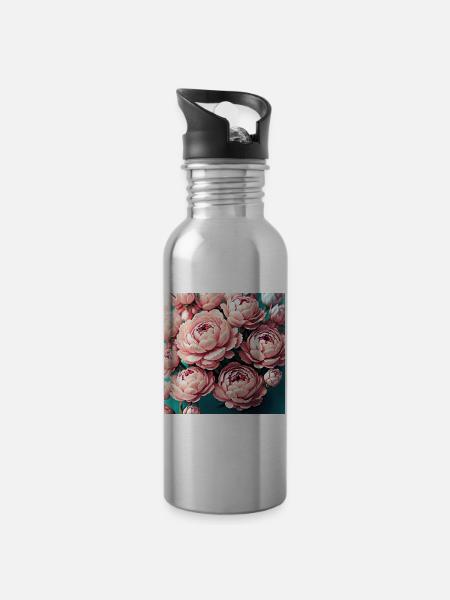 Blumen - Trinkflasche mit integriertem Trinkhalm - Lightsilver