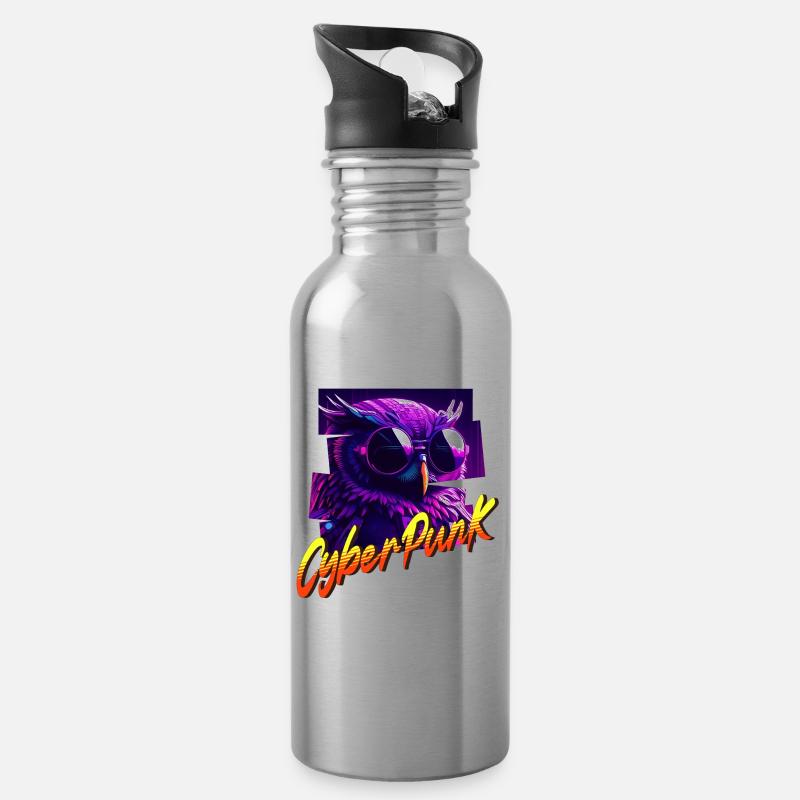 Cyberpunk-Eule - Trinkflasche mit integriertem Trinkhalm - Lightsilver