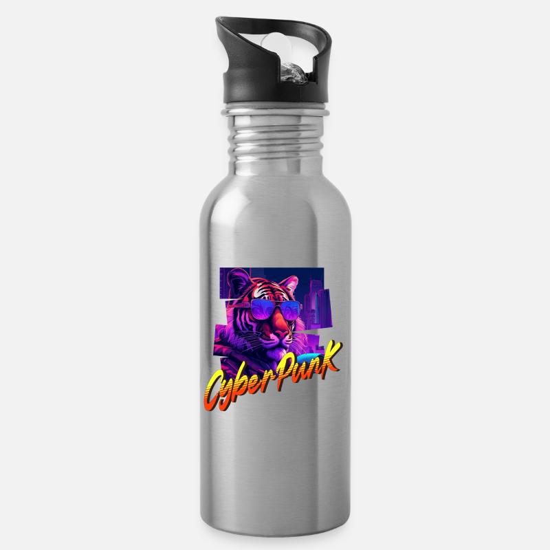 Cyberpunk Tiger - Trinkflasche mit integriertem Trinkhalm - Lightsilver