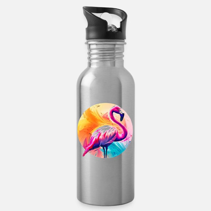 Flamant rose - Gourde avec paille intégrée - argent clair