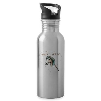 Hobby Horse gezeichnet mit Herz - Trinkflasche mit integriertem Trinkhalm - Lightsilver - Rechts