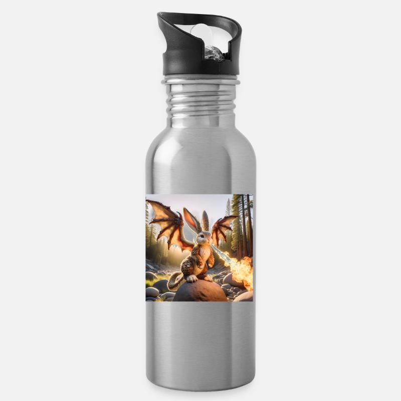 Feuerspeiender Hase Drache #12 - Trinkflasche mit integriertem Trinkhalm - Lightsilver