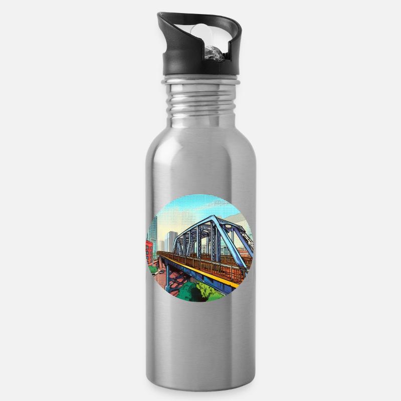 Comic Brücke in Stadt - Trinkflasche mit integriertem Trinkhalm - Lightsilver