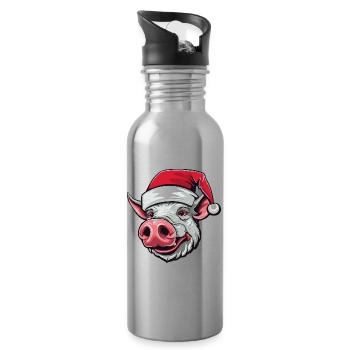 Pig Head Sow Christmas Portrait - Water bottle with straw - silver - Right