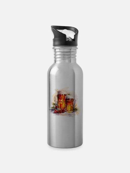 Aquarell Bier im Schnee - Trinkflasche mit integriertem Trinkhalm - Lightsilver