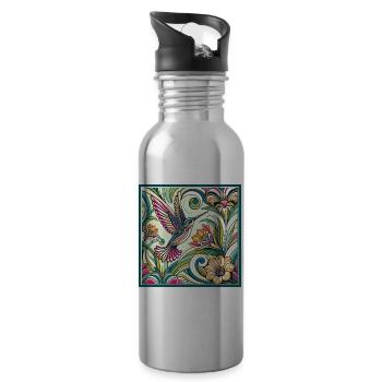 Floral Hummingbird Colorful Floral Art Nouveau - Water bottle with straw - silver - Right