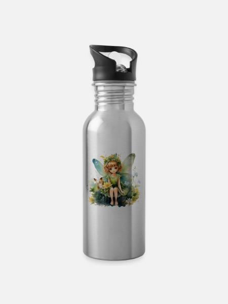 Kleine Fee in der Natur - Trinkflasche mit integriertem Trinkhalm - Lightsilver