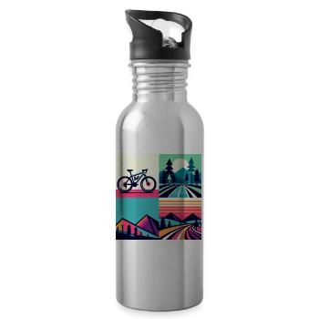 Retro Pop Cycle & Mountain Sunset - Water bottle with straw - silver - Right