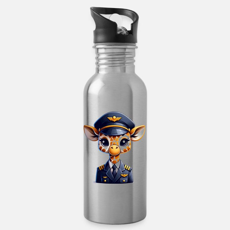 Cute Giraffe Pilot - Trinkflasche mit integriertem Trinkhalm - Lightsilver