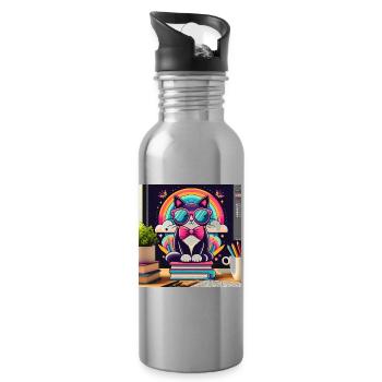 Fleißige Katze mit Brille - Trinkflasche mit integriertem Trinkhalm - Lightsilver - Rechts