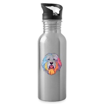Old English Sheepdog Dog Breed Watercolor Cartoon - Water bottle with straw - silver - Right