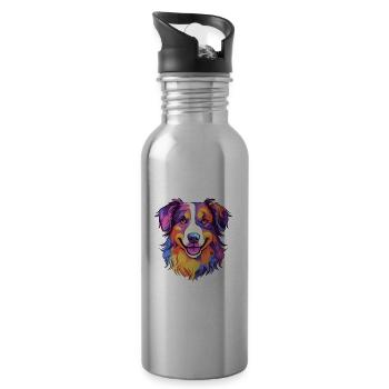 Australian Shepherd Dog Breed Watercolor Cartoon K - Water bottle with straw - silver - Right