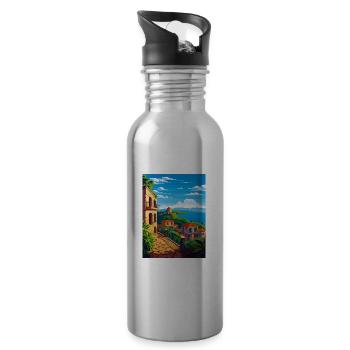Puerto Rico Caribbean Vintage Travel Poster - Water bottle with straw - silver - Right