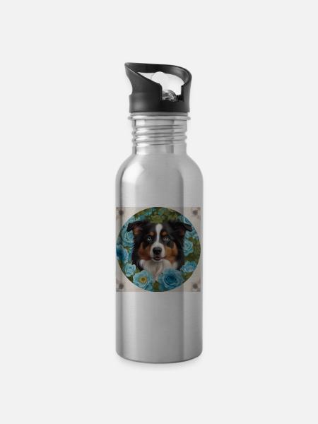 Blauäugiger Australian Shepherd - Trinkflasche mit integriertem Trinkhalm - Lightsilver