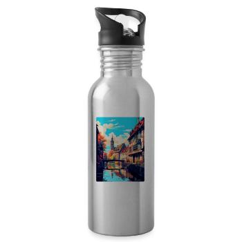 Strasbourg France Vintage Travel Poster Souvenir - Water bottle with straw - silver - Right
