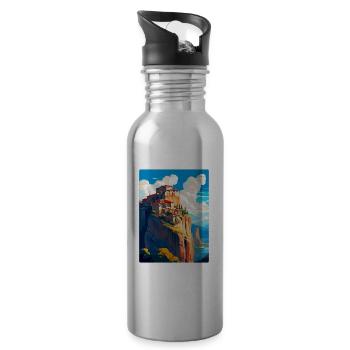 Météores Grèce Vintage Voyage Poster Souvenir WPA - Gourde avec paille intégrée - argent clair - Droite