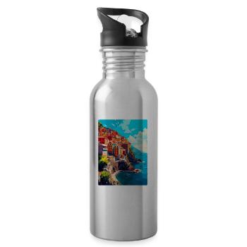 Cinque Terre Italy Vintage Travel Poster Souvenir - Water bottle with straw - silver - Right