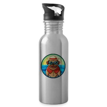 Pug Dog Funny Cartoon Summer Beach Sunglasses Cool - Water bottle with straw - silver - Right