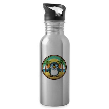 Penguin Funny Cartoon Summer Beach Sunglasses Cool - Water bottle with straw - silver - Right