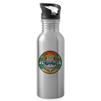 British Longhair Cat Breed Cartoon Sunglass Beach - Water bottle with straw - silver - Right