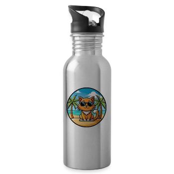 Ginger Longhair Cat Breed Cartoon Sunglasses Beach - Water bottle with straw - silver - Right