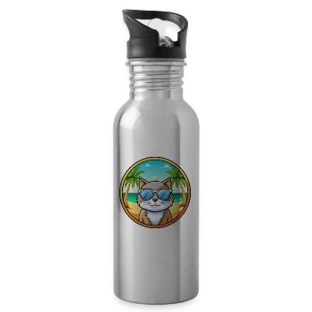British Longhair Cat Breed Cartoon Sunglass Beach - Water bottle with straw - silver - Right