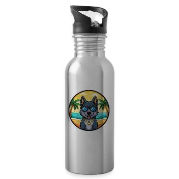 Black Norwegian Elkhound Dog Breed Cartoon Beach - Water bottle with straw - silver - Right