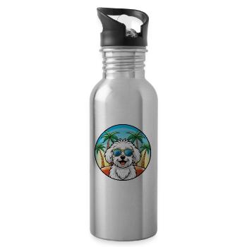 Bichon Frise Dog Breed Cartoon Sunglasses Beach - Water bottle with straw - silver - Right