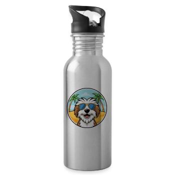 Tibetan Terrier Dog Breed Cartoon Sunglasses Beach - Water bottle with straw - silver - Right
