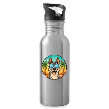 North American Shepherd Dog Breed Cartoon Beach - Water bottle with straw - silver - Right