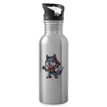 Wolf Funny Cartoon Character Headphone Music - Water bottle with straw - silver - Right