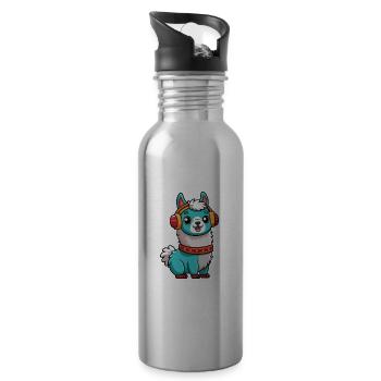 Llama Funny Cartoon Character Headphone Music - Water bottle with straw - silver - Right