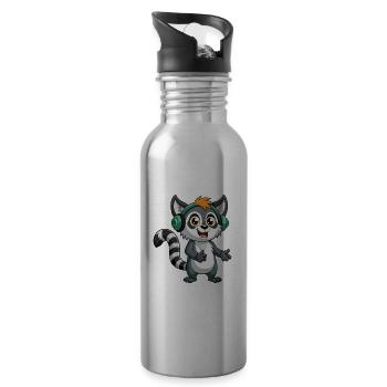 Lemur Funny Cartoon Character Headphone Music - Water bottle with straw - silver - Right