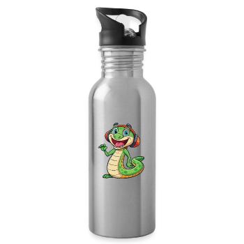 Snake Funny Cartoon Character Headphone Music - Water bottle with straw - silver - Right