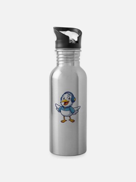 Möwe Lustige Zeichentrickfigur Kopfhörer Musik - Trinkflasche mit integriertem Trinkhalm - Lightsilver