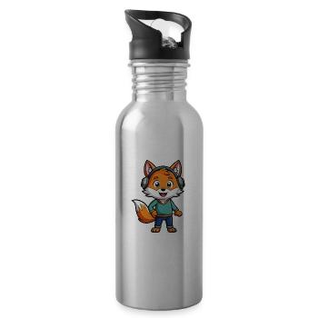 Fuchs Lustige Zeichentrickfigur Kopfhörer Musik - Trinkflasche mit integriertem Trinkhalm - Lightsilver - Rechts