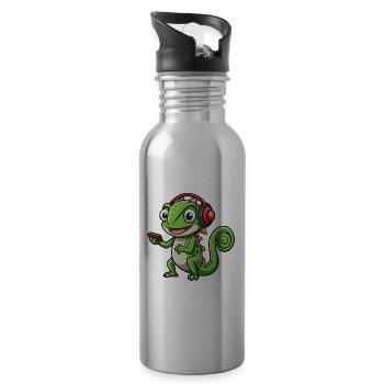 Chameleon Funny Cartoon Character Headphone Music - Water bottle with straw - silver - Right